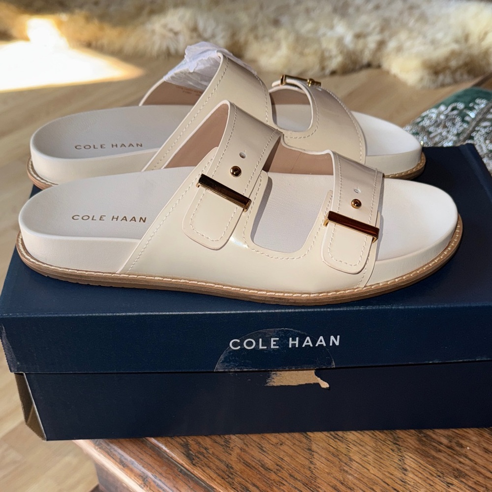 Cole Haan NEW NIB Beige Slide Sandals with Gold Buckles Marisol patent
